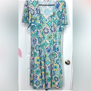 Women’s Floral Tile Patterned Dress in Blue and Yellow